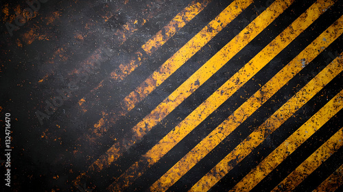 Diagonal Yellow And Black Hazard Stripes On Grunge Textured Background With Scratches And Wear Marks Ideal For Industrial Safety Warning Signs