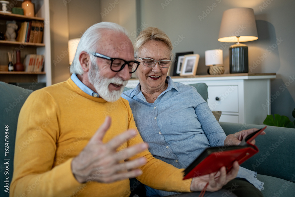 Happy senior couple sharing memories looking at photo album at home Happy senior couple sharing memories looking at photo album at home