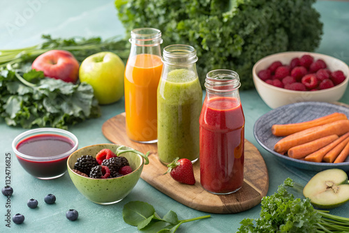 Fresh and Healthy Fruit and Vegetable Smoothies Arranged on a Bright Table Surrounded by Colorful Ingredients and Fresh Produce