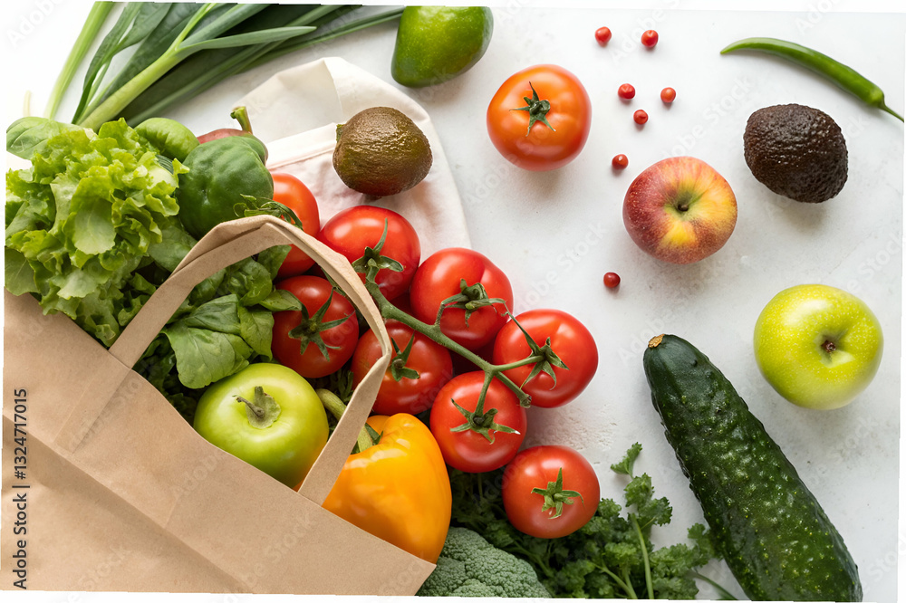 Fresh and Colorful Assortment of Organic Vegetables and Fruits on Light Background with Shopping Bag Filled with Healthy Produce