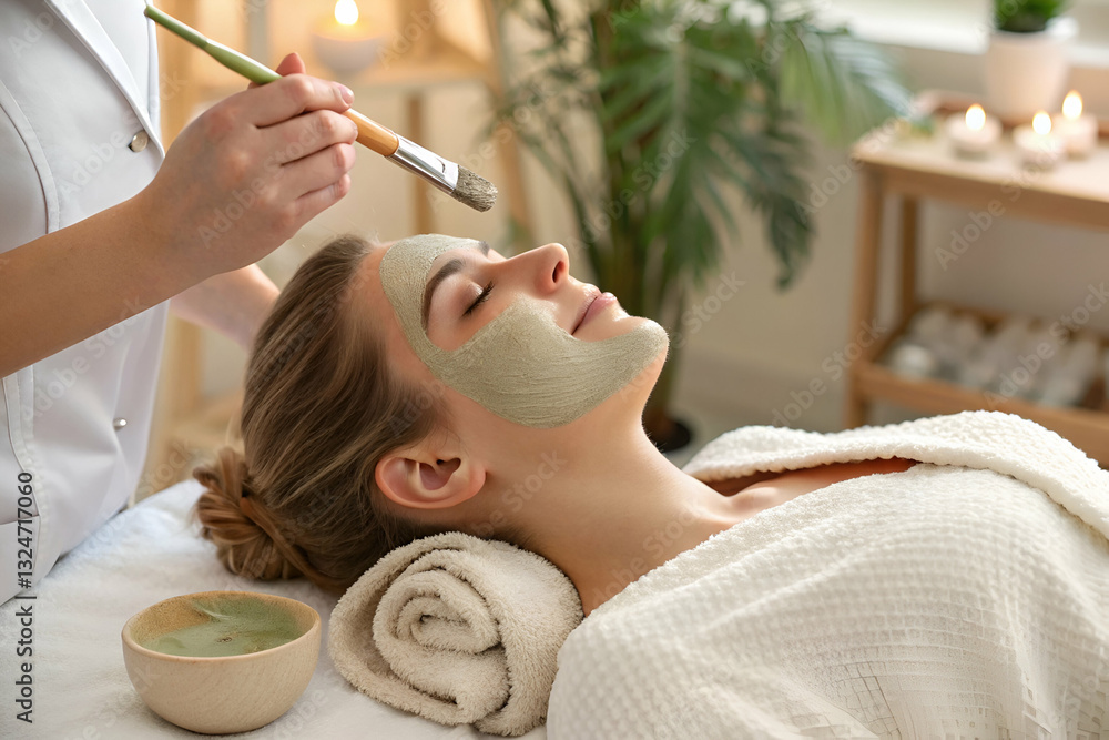 Relaxing facial treatment in a serene spa environment with a woman enjoying a soothing green clay mask application for rejuvenation and wellness.