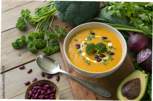 Colorful Vegetable Soup with Fresh Ingredients on Rustic Wooden Table Surrounded by Greenery and Bowl of Red Beans