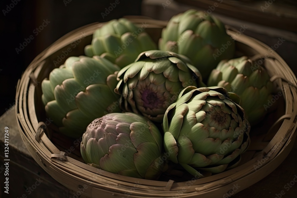 Obraz premium Artichokes in a Wicker Basket: A Still Life of Fresh Produce