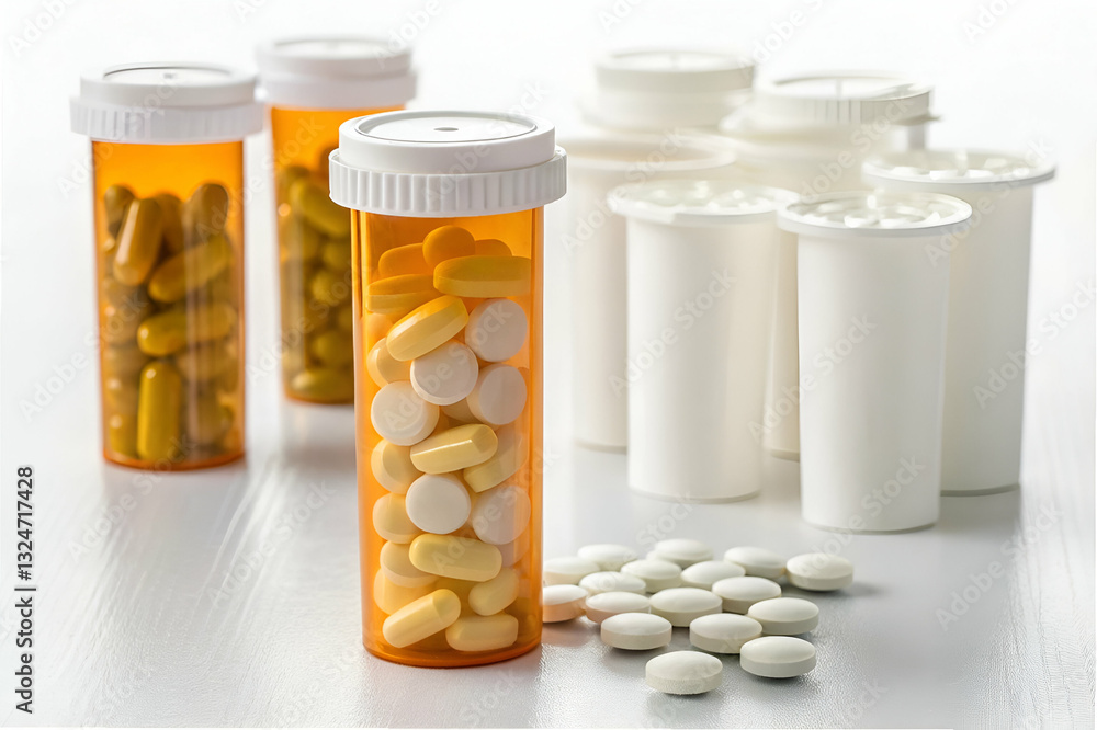 Prescription Medications in Transparent Bottles with Yellow and White Pills on Wooden Surface for Health and Wellness Stock Photography