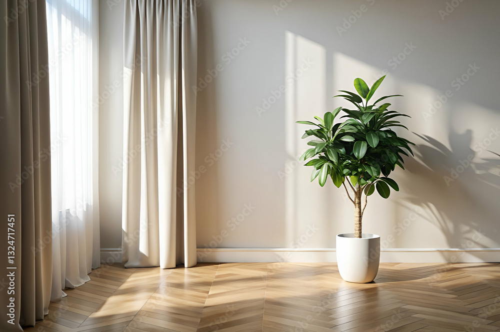 Bright and Minimalistic Interior with a Decorative Plant and Elegant Curtains Casting Soft Shadows on a Wooden Floor
