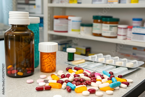 Colorful assorted medicine and pills scattered on a pharmacy table with various medicine bottles organized in the background of a drug store