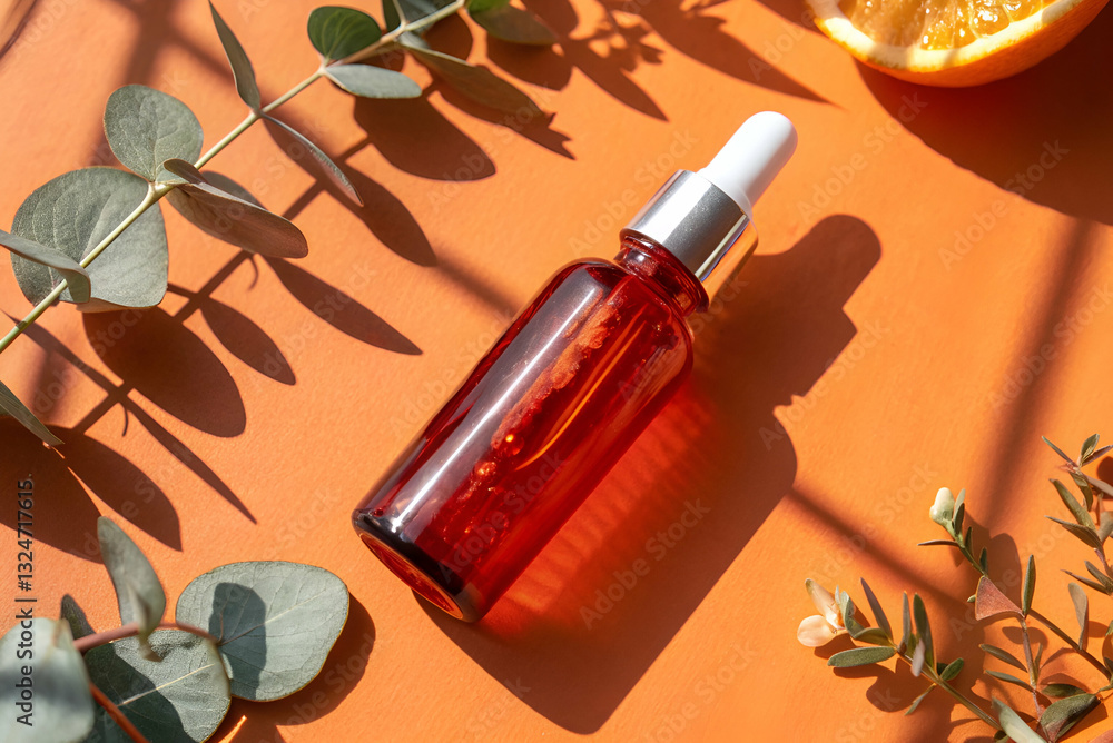 Elegant amber dropper bottle on vibrant orange background surrounded by natural elements like eucalyptus and orange, ideal for wellness and skincare themes