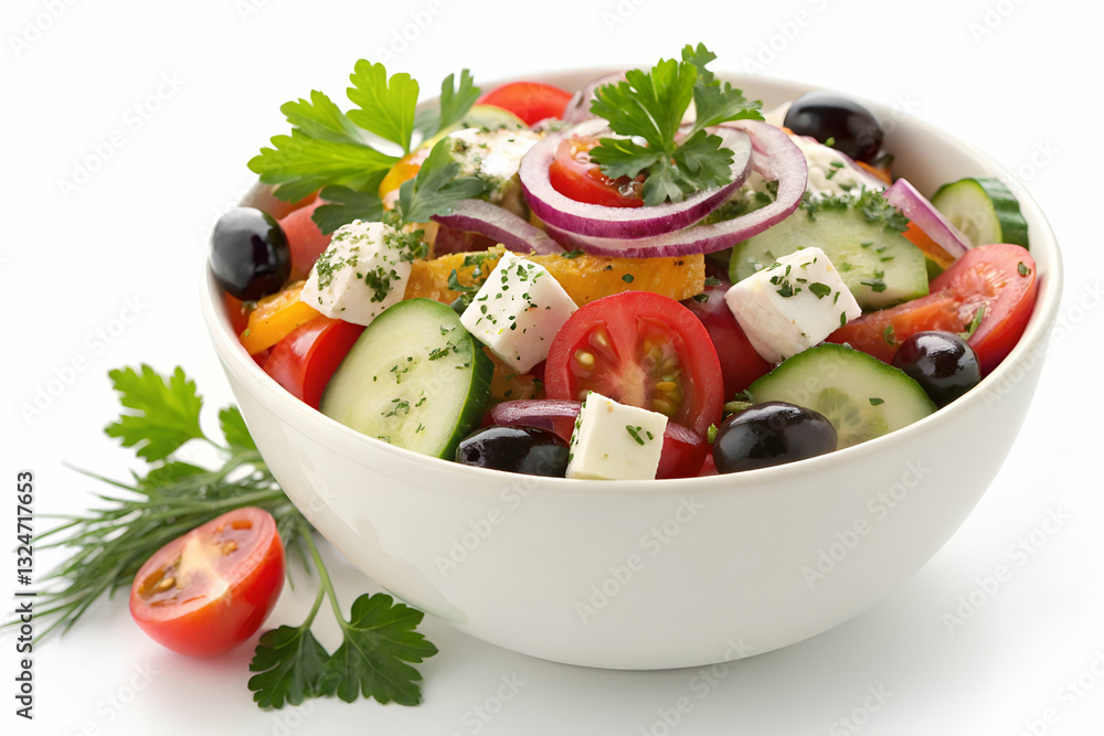 Fresh Mediterranean Salad with Colorful Vegetables, Feta Cheese, and Herbs in a White Bowl on a Bright Background