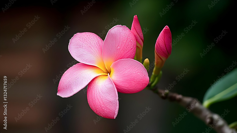 Close Up of a Pink Frangipani Flower with Yellow Center and Buds on a Brown Branch against a Blurred Green Background