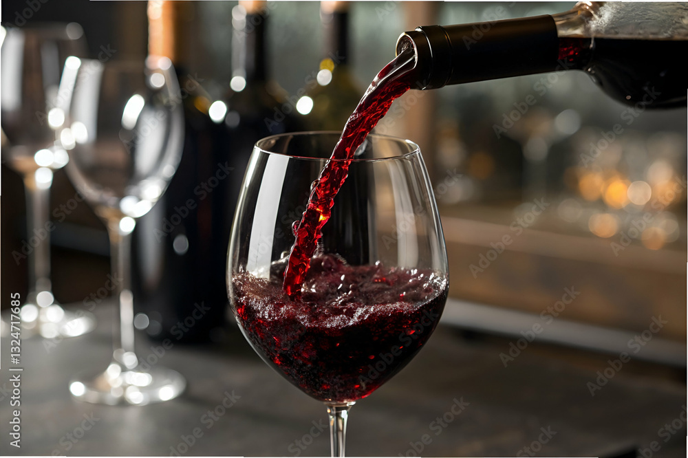 Elegant red wine being poured into a large glass with blurred wine bottles and glasses in the background, creating a sophisticated dining atmosphere