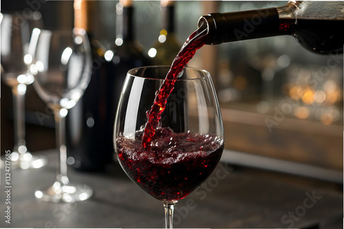 Obraz na płótnie Elegant red wine being poured into a large glass with blurred wine bottles and glasses in the background, creating a sophisticated dining atmosphere w salonie