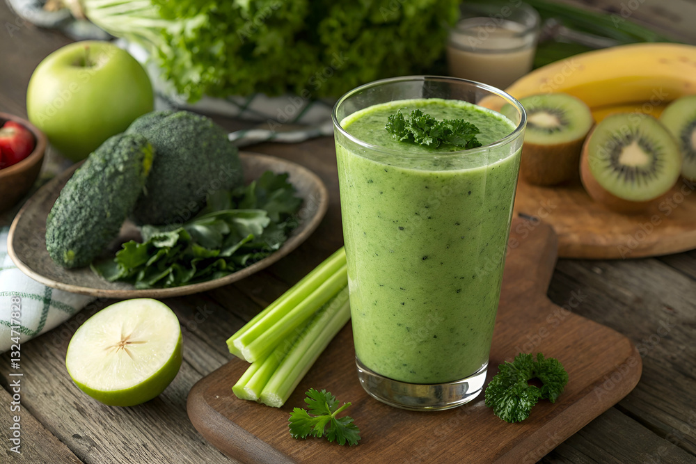 Fresh Green Smoothie with Vegetables and Fruits, Healthy Drink on Wooden Table Surrounded by Ingredients for Nutrition and Wellness