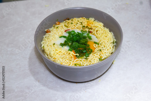 Isolated Close up ramen soup with onion and egg 