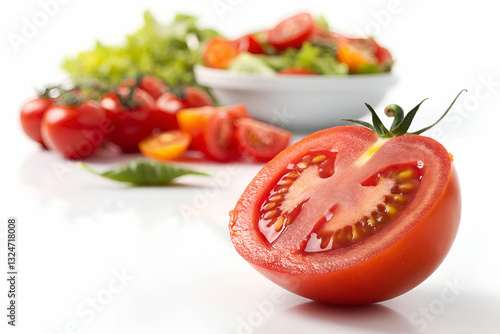 Fresh Red Tomato Sliced in Half with Juicy Seeds and Green Leafy Salad Ingredients in Background for Healthy Cooking and Recipe Concepts