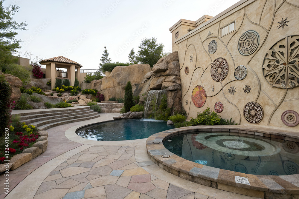 Tranquil Outdoor Pool Area with Stone Wall, Garden, Water Feature, and Cozy Gazebo Surrounded by Lush Greenery in a Serene Setting