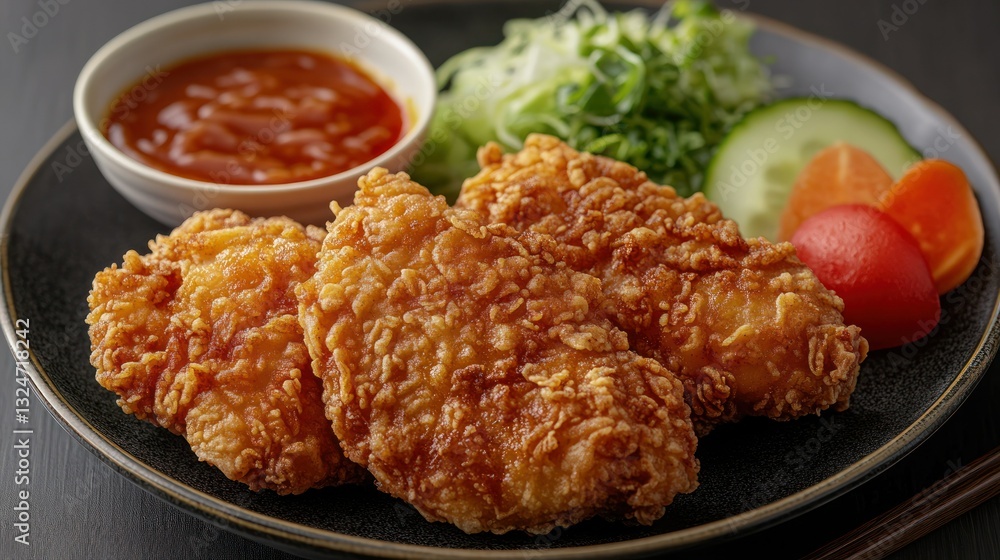 Crispy Fried Chicken Pieces with Dipping Sauce and Side Salad on Dark Plate Crispy Fried Chicken Pieces with Dipping Sauce and Side Salad on Dark Plate