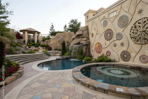 Obraz na płótnie Tranquil Outdoor Pool Area with Stone Wall, Garden, Water Feature, and Cozy Gazebo Surrounded by Lush Greenery in a Serene Setting w salonie