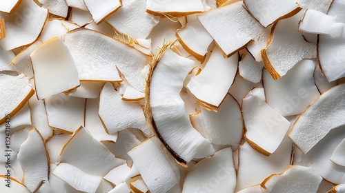 Close-up of a pile of small, irregularly shaped pieces of white coconut. the pieces are arranged in a random, overlapping manner, with some overlapping each other.