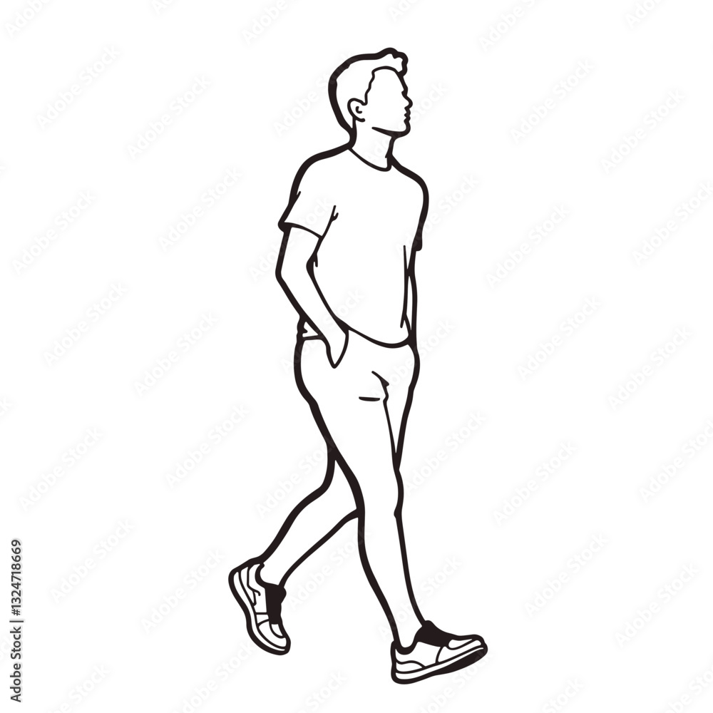 Fototapeta premium Walking person in minimalist line art displaying confidence and style, simplicity.