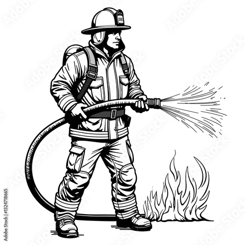 Firefighter bravely extinguishing flames with hose, heroic action