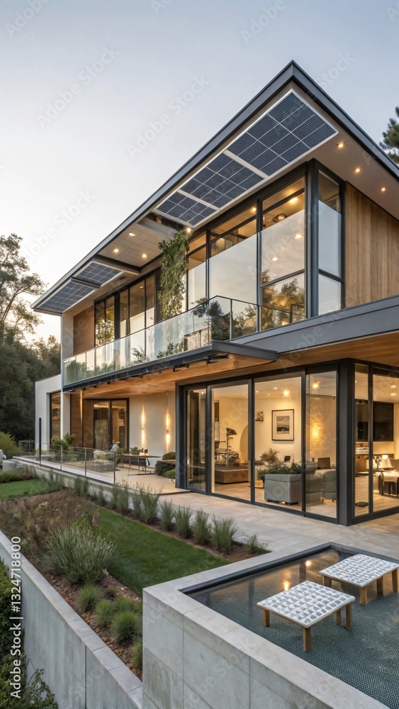 Modern Multi-Level Hillside House: Wood & Glass Design, Panoramic Valley/City Views, Twilight/Dawn Setting, Luxurious Living with Scenic Landscape. Modern Multi-Level Hillside House: Wood & Glass Design, Panoramic Valley/City Views, Twilight/Dawn Setting, Luxurious Living with Scenic Landscape.