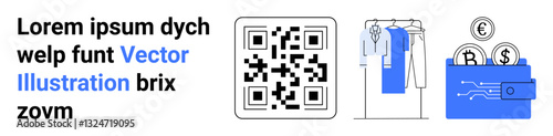 QR code, clothes on hangers, and digital wallet with coins. Ideal for e-commerce, digital payments, online shopping, fashion industry, fintech retail marketing QR technology. Landing page
