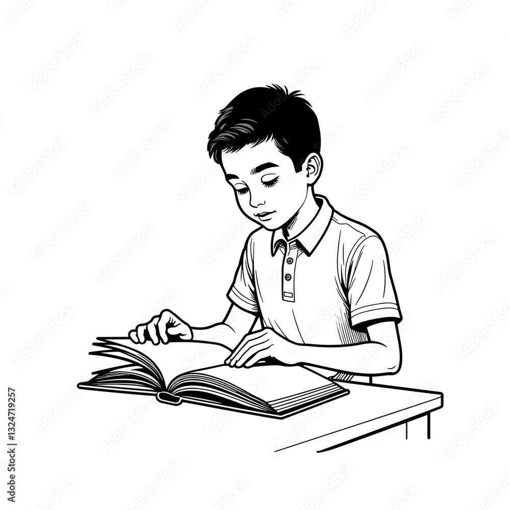 Student focused on reading book at desk, learning and growth Student focused on reading book at desk, learning and growth