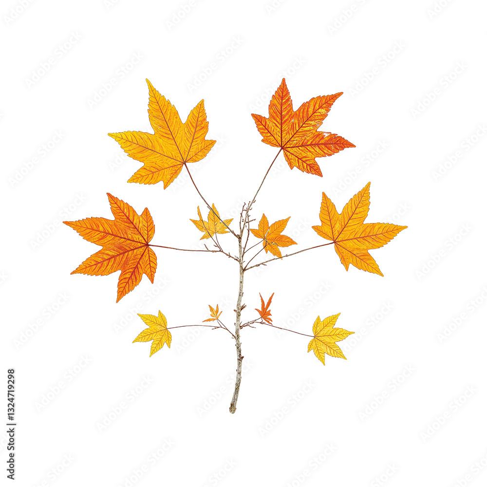 Fototapeta premium Vibrant sugar maple branch with yellow and orange leaves isolated on white background