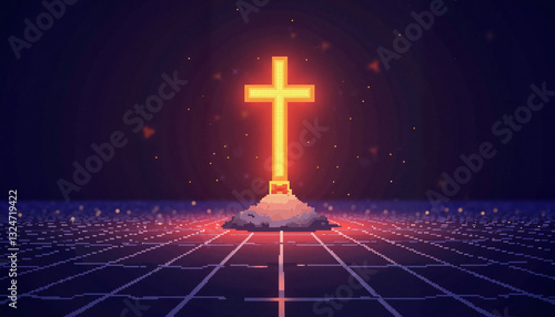 Pixel art glowing cross on ashen surface, symbolic illumination