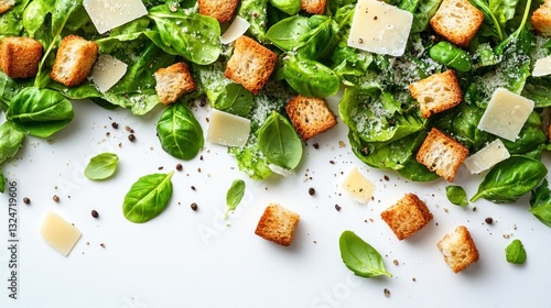 Top-down view of a fresh Caesar salad with croutons and Parmesan cheese, isolated on white background