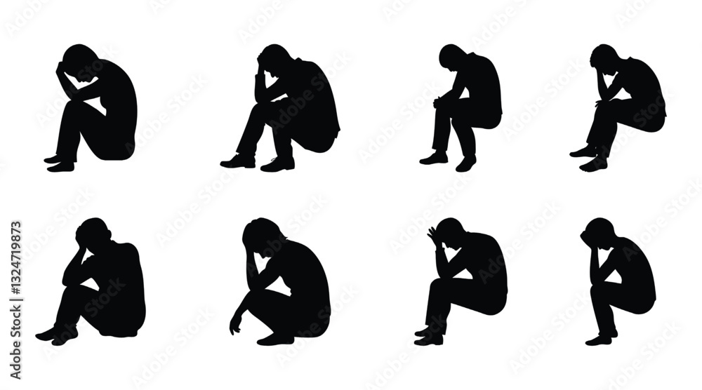 Sadness Silhouettes: Depressed, Sitting, and Emotional Poses