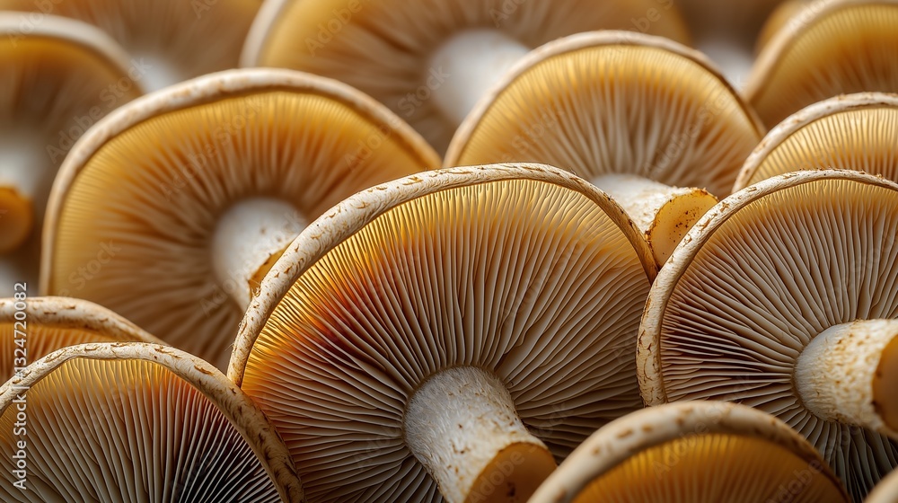 Close-up of a group of mushrooms. the mushrooms are arranged in a cluster, with some overlapping each other. the caps of the mushrooms are a light brown color with a darker brown center. Close-up of a group of mushrooms. the mushrooms are arranged in a cluster, with some overlapping each other. the caps of the mushrooms are a light brown color with a darker brown center.