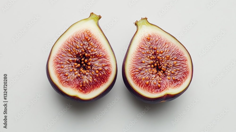 Top-down view of a fresh fig cut in half, rich texture, isolated on white backgroun Top-down view of a fresh fig cut in half, rich texture, isolated on white backgroun