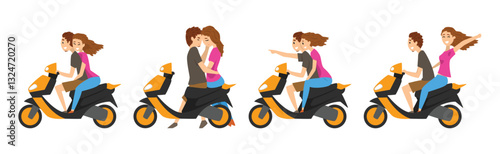 Loving Couple Riding Scooter and Spending Time Together Vector Set