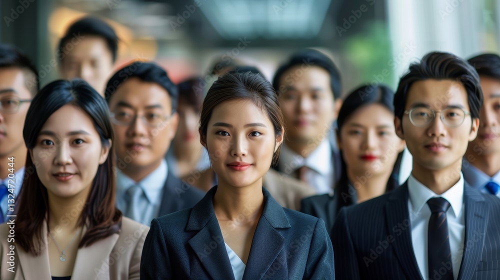 Asian business professionals having a group meeting in a modern office setting with soft focus and copy space Asian business professionals having a group meeting in a modern office setting with soft focus and copy space