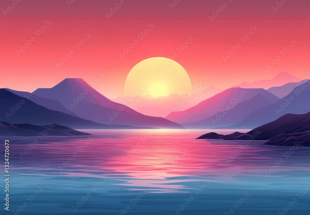 Tranquil Landscape with Colorful Sunset over Mountains and Reflective Water Surface in a Serene Natural Setting Tranquil Landscape with Colorful Sunset over Mountains and Reflective Water Surface in a Serene Natural Setting