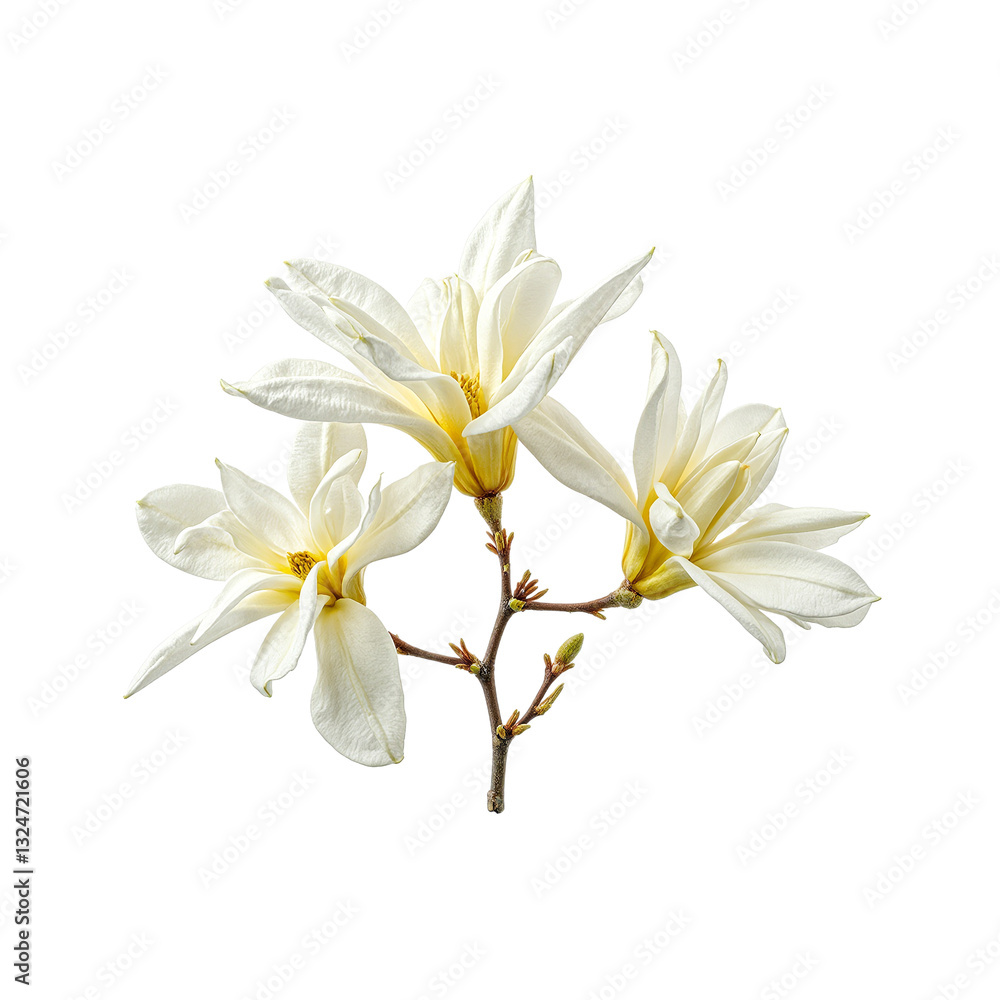 Fototapeta premium Close up of a magnolia tree branch with creamy white petals and a golden yellow center on a white background