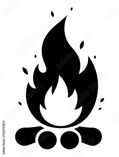 A black and white illustration of a campfire. The fire is depicted with a prominent flame at the center, surrounded by smaller flames and embers.