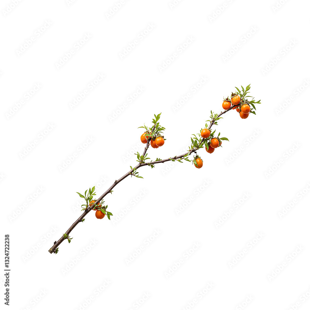 Close up of a vibrant persimmon branch with ripe orange fruits elegantly displayed on a clean white backdrop Close up of a vibrant persimmon branch with ripe orange fruits elegantly displayed on a clean white backdrop