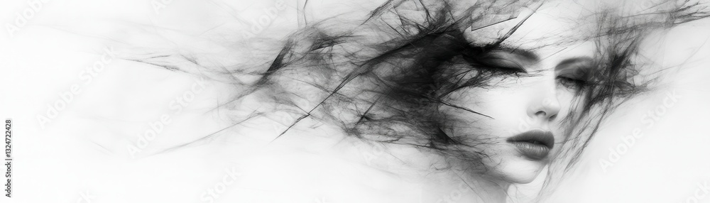 A captivating abstract image of a woman's face, blending seamlessly with flowing, ethereal lines and shadows in monochrome tones. A captivating abstract image of a woman's face, blending seamlessly with flowing, ethereal lines and shadows in monochrome tones.
