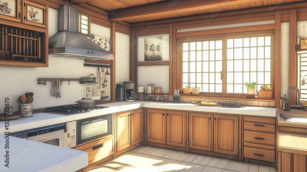 Fototapeta premium A beautifully designed and well lit asian inspired kitchen interior