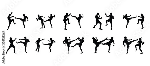 Muay Thai Silhouette Set: Martial Arts Fighting Kicks and Combat Poses