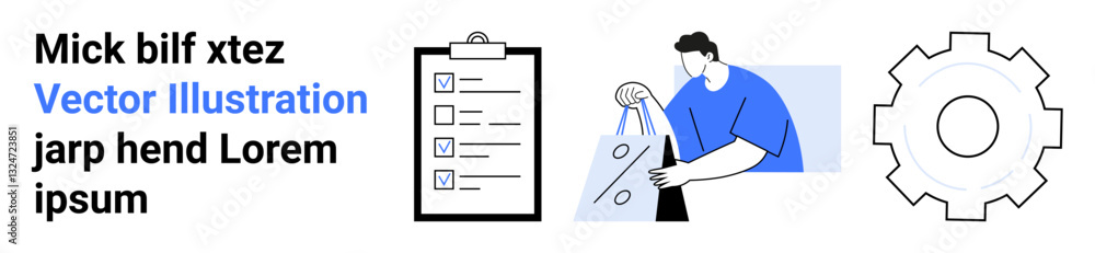 Man carrying shopping bags, clipboard with checklist, gear icon representing settings. Ideal for productivity apps, task management, shopping lists, project planning, organization tools, efficiency Man carrying shopping bags, clipboard with checklist, gear icon representing settings. Ideal for productivity apps, task management, shopping lists, project planning, organization tools, efficiency