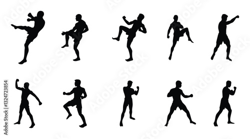 Muay Thai Silhouette Set: Martial Arts Fighting Kicks and Combat Poses