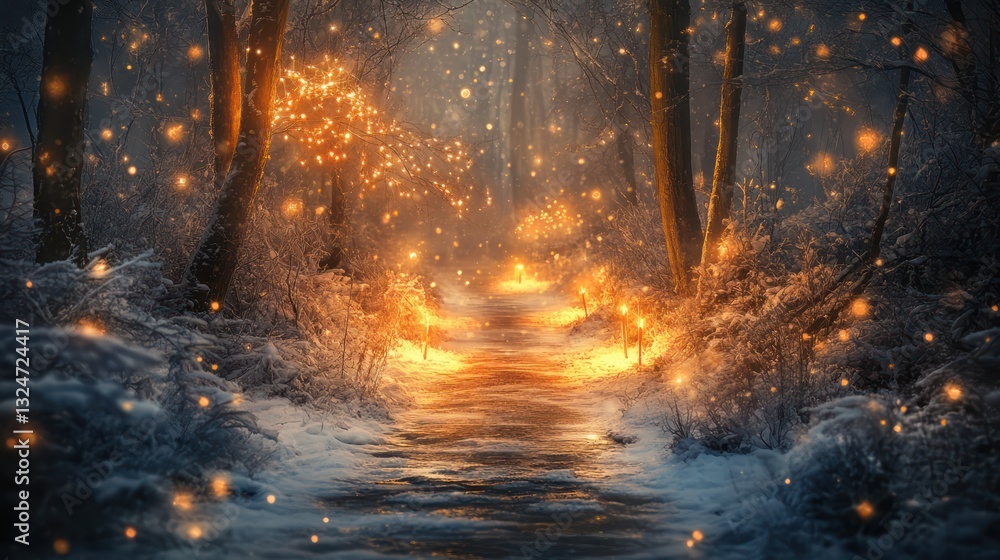 Naklejka premium A snowy path through a glowing forest with magical lights