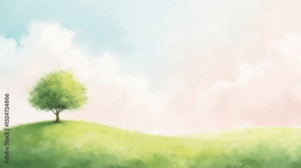 Fototapeta premium A dreamy watercolor landscape featuring a gentle rolling meadow with a single tree on a hill. The sky is a soft gradient of pink and blue, allowing for an airy and bright atmosphere
