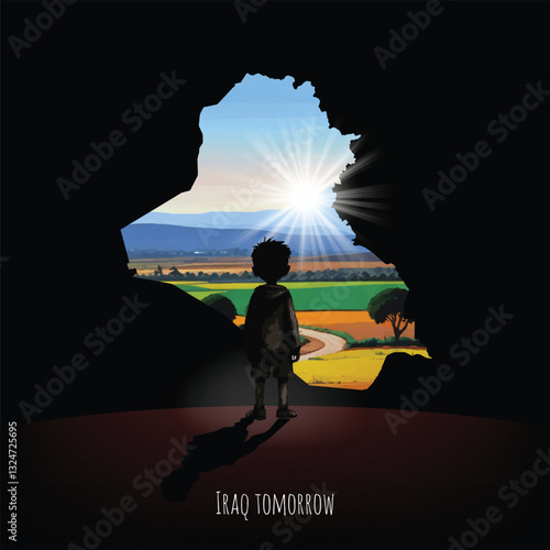 The rising sun symbolizes a new beginning for Iraq, as a child imagines a future full of potential.
