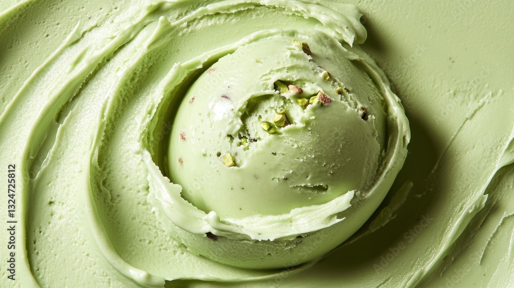Obraz premium Top-down view of a scoop of pistachio gelato, creamy and textured, isolated on white background