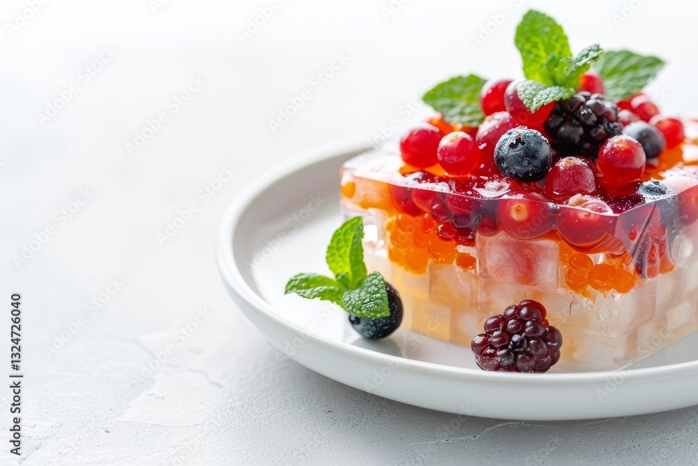 A Refreshing and Colorful Fruit Jelly Dessert on a White Plate A Refreshing and Colorful Fruit Jelly Dessert on a White Plate