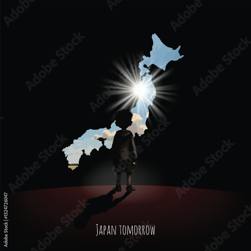 The rising sun illuminates a child's dreams of Japan’s bright and prosperous tomorrow.